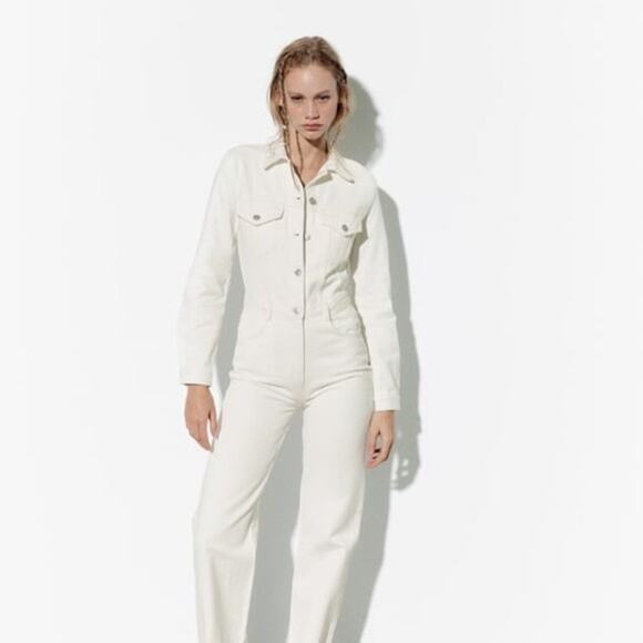 Zara Pants - Zara White Denim Jumpsuit Long Sleeves Straight
Wide Leg Women's Size S